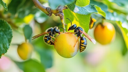 harmful insect-stinging striped wasps in the summer garden eat the fruits of ripe sweet plum fruits