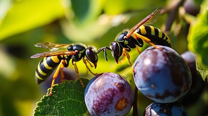 harmful insect-stinging striped wasps in the summer garden eat the fruits of ripe sweet plum fruits