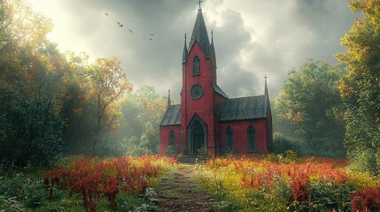 Sticker - Old Church in a Forest - A Serene and Mystical Landscape