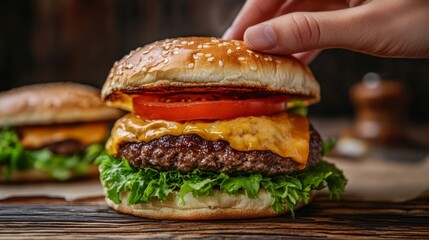  a towering double-meat burger, overflowing with fresh lettuce, juicy tomato slices, and a melting brioche bun, set against a rustic wooden table with warm 