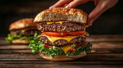  a towering double-meat burger, overflowing with fresh lettuce, juicy tomato slices, and a melting brioche bun, set against a rustic wooden table with warm 