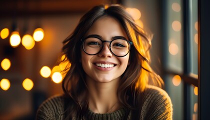 Wall Mural - Joyful Woman with Radiant Smile and Glasses in Warm Lighting