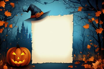 Halloween theme, blank paper with pumpkin and witch hat on dark blue background Autumn leaves fall around the scene, and there is white space for text Generative AI