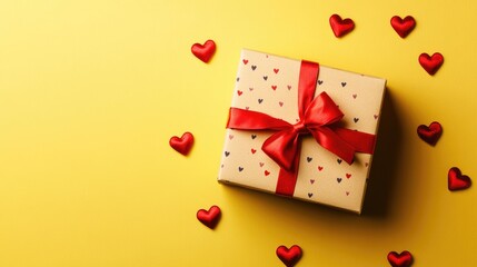 gift box with bow and hearts on yellow background