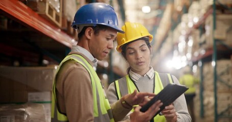 Poster - Tablet, engineer team and discussion at warehouse for shipping, logistics or freight distribution planning on technology. Factory, people and collaboration for inventory, stock or storage management