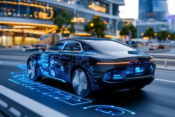 Poster - Futuristic control system in a self-driving city, where autonomous vehicles and smart infrastructure are monitored by real-time AI algorithms