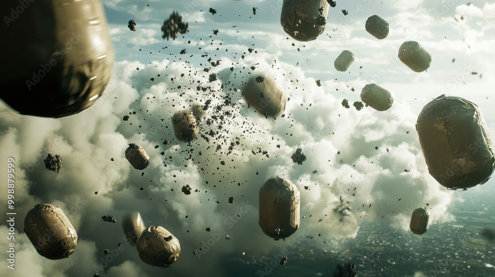 A striking visual of cluster bombs breaking apart mid-air, with ...
