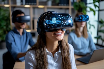 Poster - Futuristic digital collaboration tools, where teams work together through virtual reality and holographic displays, enhancing their digital literacy in a futuristic office