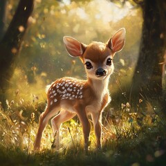 Wall Mural -   A painting captures a baby deer in a sunlit forest, with tree shadows and soft grass beneath its feet