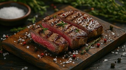 Poster -   A juicy steak resting atop a wooden board alongside a peppery bowl