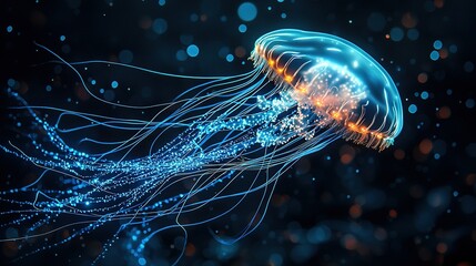 Wall Mural -   Close-up photo of a jellyfish in mid-air with multiple glowing spots on its head