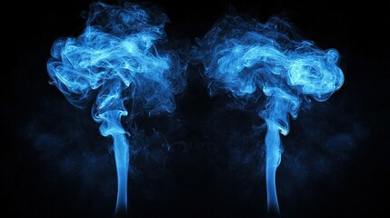 Canvas Print -   Two blue smoke stacks on a black background, one lit