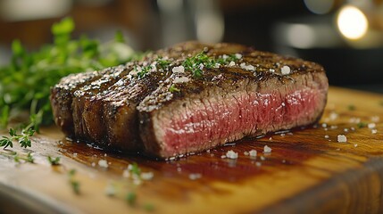 Poster -   A perfectly-cooked steak resting atop a rustic wooden cutting board, accompanied by a delicate sprig of fresh parsley