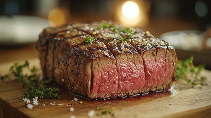   A close-up of a juicy steak on a rustic wood cutting board garnished with fresh parsley