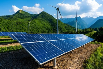 Poster - Futuristic energy control system for a renewable energy grid, where AI monitors solar, wind, and hydro power output in real-time