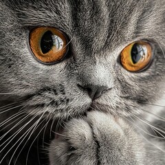 Poster -   A close-up shot of a feline's face with its paw resting on top, featuring bright yellow eyes