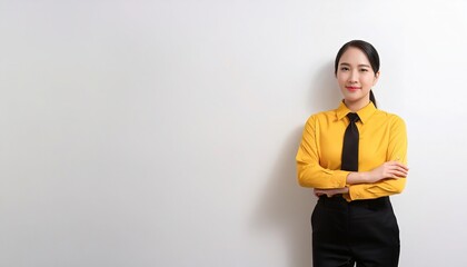 Business women standing in yellow and black tie, on white wall background