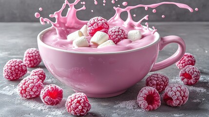 Sticker -  A bowl brimming with raspberries & marshmallows, a splash of pink liquid in the center