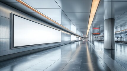 Canvas Print - A large, empty train station with a white wall and a red sign