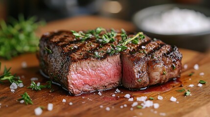   Steak on wood with salt & pepper