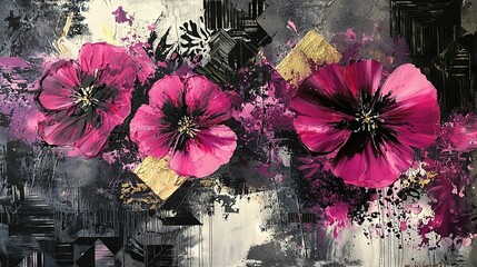 Canvas Print -   A monochrome depiction of pink blossoms inside a dark and white vase against a grayscale backdrop, adorned with intricate gold patterns