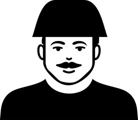 Wall Mural - Black and white illustration of a man's face with a mustache and a hat.