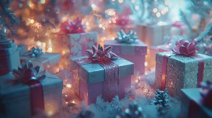 Poster -   A collection of gift-wrapped packages resting together atop a snowy field with festive Christmas illuminations in the background