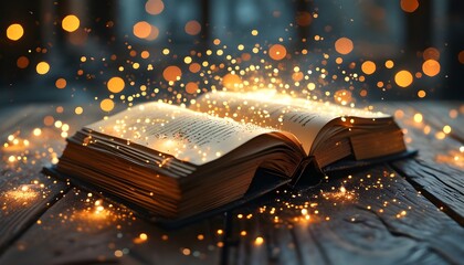 Enchanted Book Emitting Sparkling Dust and Lights on a Rustic Table, Celebrating Knowledge, Imagination, and the Wonders of Storytelling