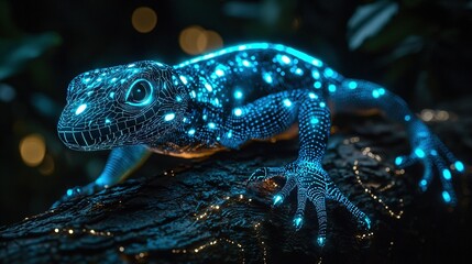 Poster -   A sharp focus lizard on a tree limb against a hazy ambient light backdrop