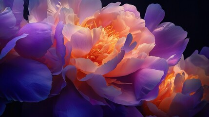 Sticker -   A photo of a close-up purple and orange flower with water droplets on its petals against a black backdrop