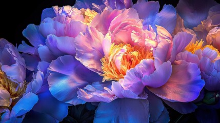 Poster -   A close-up of a bouquet featuring blue and pink flowers surrounded by yellow petals