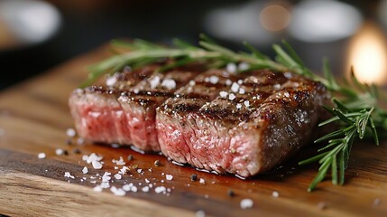 Sticker -   A close-up photo of a juicy steak lying on a wooden cutting board, sprinkled with freshly ground salt and pepper to enhance its flavor