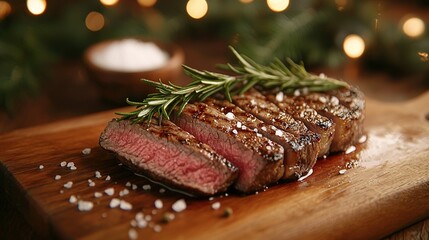 Poster -  A steak with rosemary on a cutting board, set against a Christmas tree backdrop