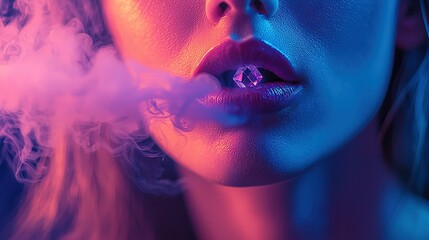 Wall Mural -   A woman smoking a cigarette, emitting pink and blue smoke from her mouth