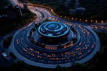 Poster - Futuristic smart city control system, managing traffic, power, and public safety through holographic displays and real-time sensors