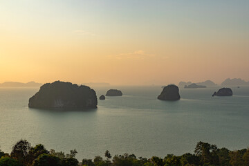 Beautiful sunset view point of the sea, islands and mountains from Khaothong Hill restaurant. The new landmark at Krabi province, Thailand.