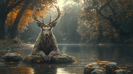 Wall Mural - Majestic Deer in Autumn Forest River