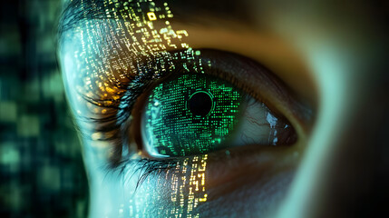 Wall Mural - Human eye close-up on green tech background, hacker face and digital data pattern. Concept of cyber security, technology, future, hack, network,