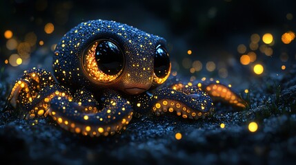 Wall Mural -   A clear image shows a close-up of a fluffy toy with glowing eyes and a radiant face resting on the ground