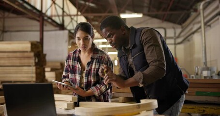 Sticker - Handshake, carpenter and discussion with plans for construction, furniture or project. People, laptop and wood product with tools in a creative carpentry workshop for manufacturing, art and craft