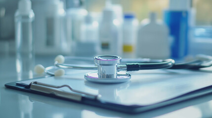 A detailed close up of stethoscope resting on clipboard in medical setting, surrounded by various medical supplies. This image conveys sense of professionalism and care in healthcare