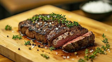   Steak on wooden cutting board with salt and pepper