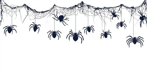 Wall Mural - illustration of a black spider web with hanging spiders on a white background, a Halloween concept Halloween banner template Generative AI