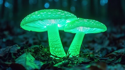 Canvas Print -   A few green mushrooms rest atop a leaf-covered forest floor near a dense woodland filled with numerous trees