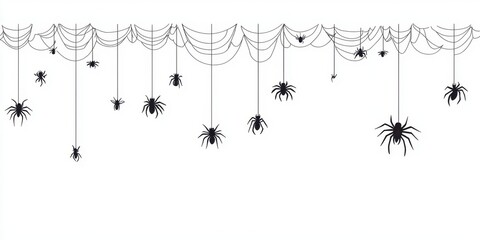 Wall Mural - Spider web border with hanging spiders, illustration on a white background Generative AI