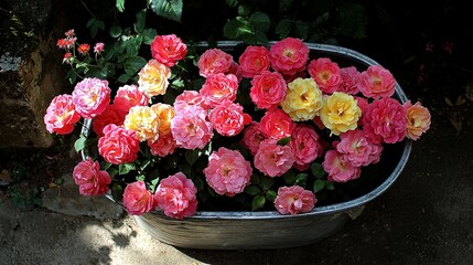 Poster -   Pink and yellow flowers adorn a metal bowl placed on a stone surface, positioned against a brick backdrop