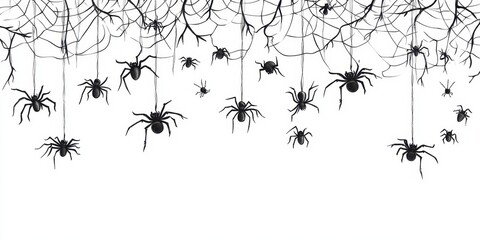 Wall Mural - hand-drawn spider web with hanging spiders, halloween border decoration isolated on a white backgrou