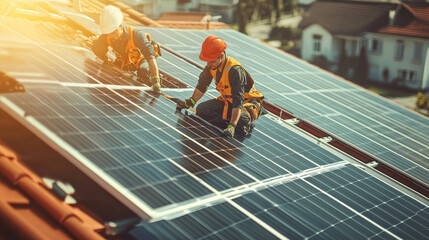 Solar installation crew working on rooftop panels, showcasing teamwork and precision in sunny environment. Their focus and dedication highlight importance of renewable energy