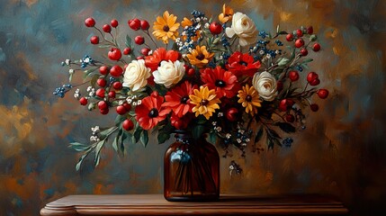 Vibrant Floral Still Life Painting with Red, White, and Yellow Flowers in a Vase