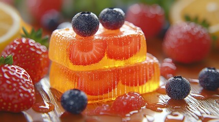 Poster -   A close-up of a jelly cake with berries and lemon slices adorning the side